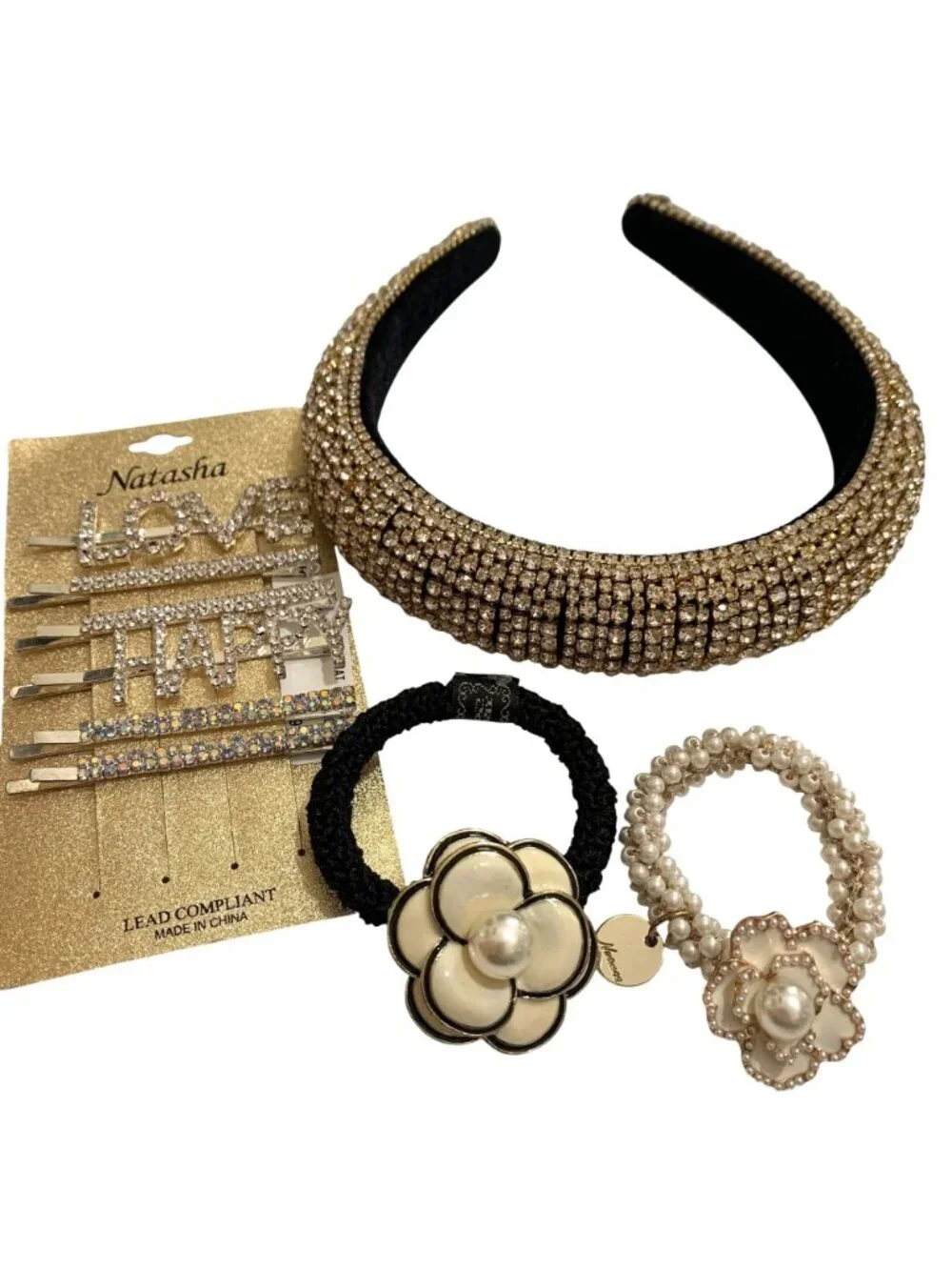 Rhinestone Embellished Hair Accessories Set Headband Hair Clips Black White